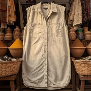 Banana Republic XL Safari Shirt Dress Khaki Sleeveless Relaxed Fit Cotton